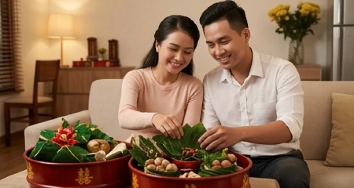 Cặp đôi tuổi Nhâm Ngọ chuẩn bị mâm quả trầu cau truyền thống trong không gian gia đình ấm cúng chuẩn bị cưới hỏi
