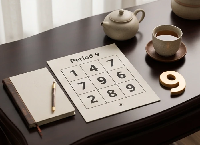 Biểu đồ Cửu Tinh Đồ pháp vận 9 với sao Cửu Tử đặt bên cạnh sổ tay phong thủy trên bàn làm việc hiện đại