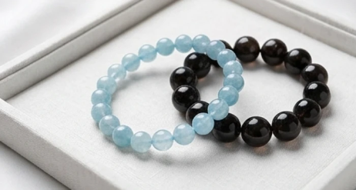Vòng tay đá Aquamarine xanh biển thanh khiết và thạch anh tóc đen bổ trợ vượng khí Giản Hạ Thủy