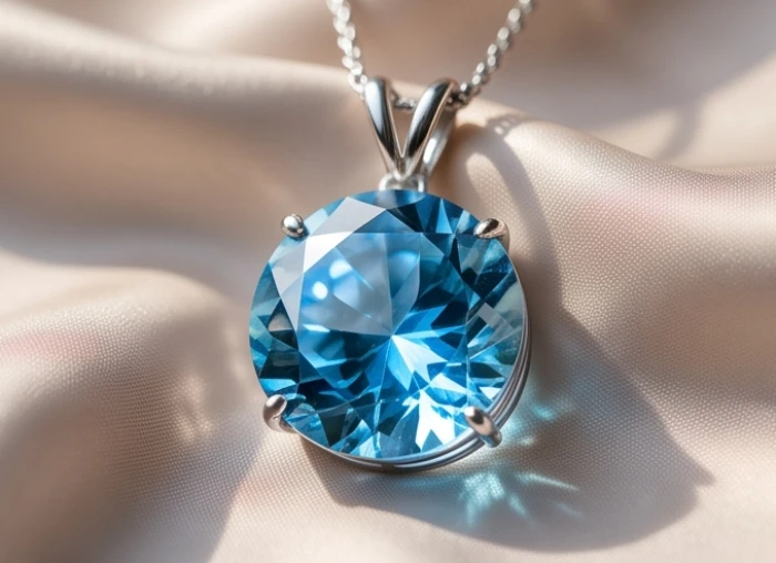 Mặt dây chuyền đá Aquamarine màu xanh dương bọc bạc tinh xảo đặt trên miếng lụa mỏng