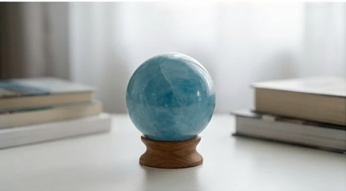 Quả cầu đá aquamarine màu xanh dương tròn đều đặt trên đế gỗ cạnh giá sách góc học tập