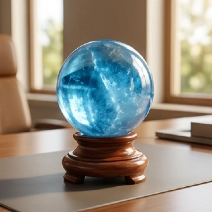Quả cầu đá Aquamarine tự nhiên đặt trên bàn làm việc hỗ trợ năng lượng hành Thủy cho bản mệnh