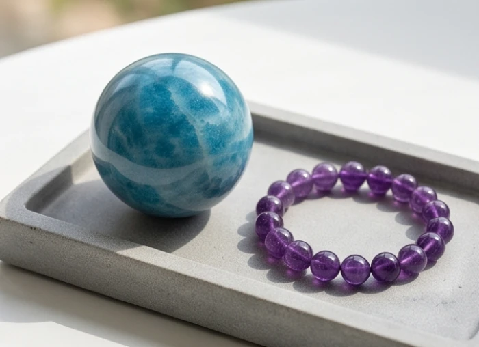 Viên đá Aquamarine xanh biển dịu mát đặt cạnh chuỗi hạt thạch anh tím đậm dành cho tuổi Nhâm Thìn và Giáp Thìn