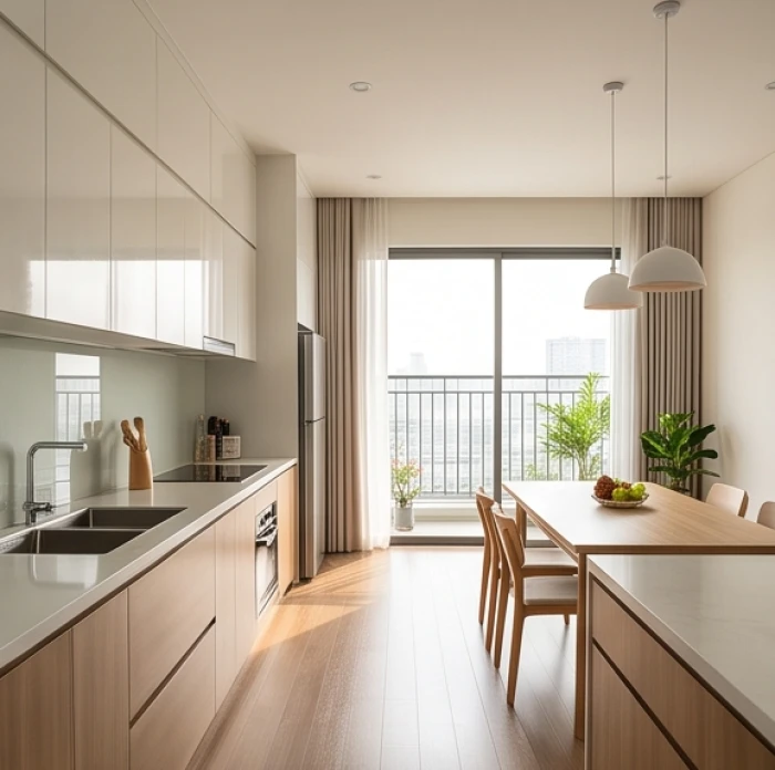 Khu vực bếp chung cư xoay hướng về phía Sinh Khí để hóa giải cửa chính phạm hướng kỵ