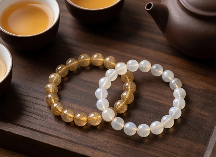 Vòng tay thạch anh tóc vàng và đá moonstone tự nhiên hỗ trợ vượng khí cho tuổi ất sửu