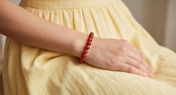 Cổ tay đeo chiếc vòng thạch anh tóc đỏ rực rỡ nổi bật trên nền chiếc váy lụa mềm mại màu vàng nhạt