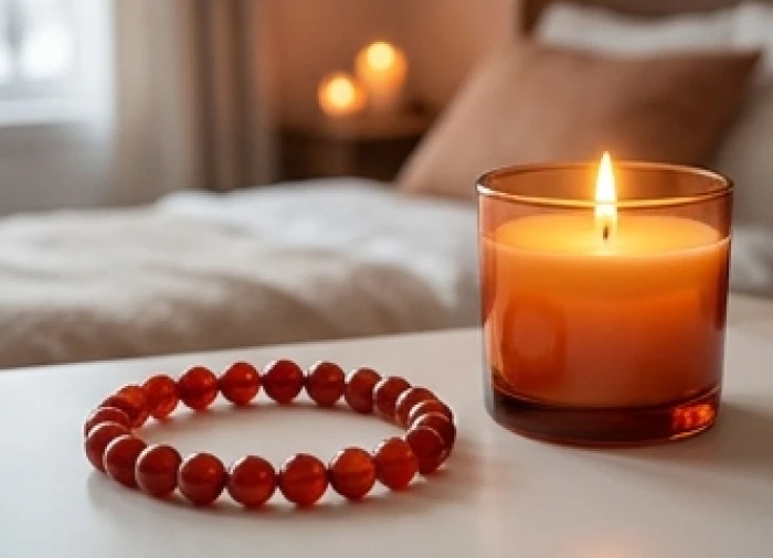 Chuỗi hạt mã não đỏ đặt cạnh ngọn nến thơm tỏa ánh sáng ấm áp trong phòng ngủ mùa đông