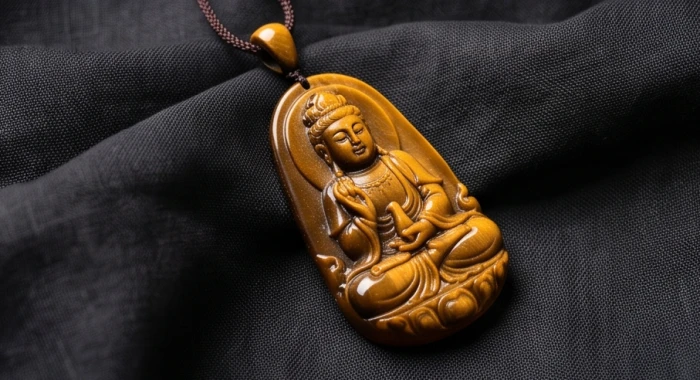 Mặt phật Phổ Hiền Bồ Tát chạm khắc bằng đá mắt hổ vàng nâu có đường vân óng ánh dành cho tuổi Canh Thìn mệnh Kim