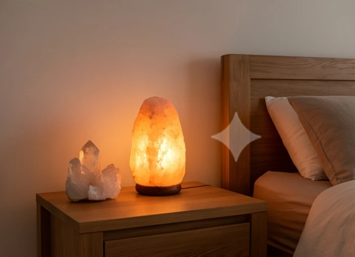 Đèn đá muối ấm áp và thảm trải sàn đặt tại khu vực đầu giường hỗ trợ hóa giải hướng xấu
