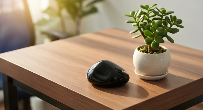 Chậu cây ngọc bích xanh tươi và viên đá obsidian đen đặt tại góc Đông Nam trên bàn làm việc bằng gỗ