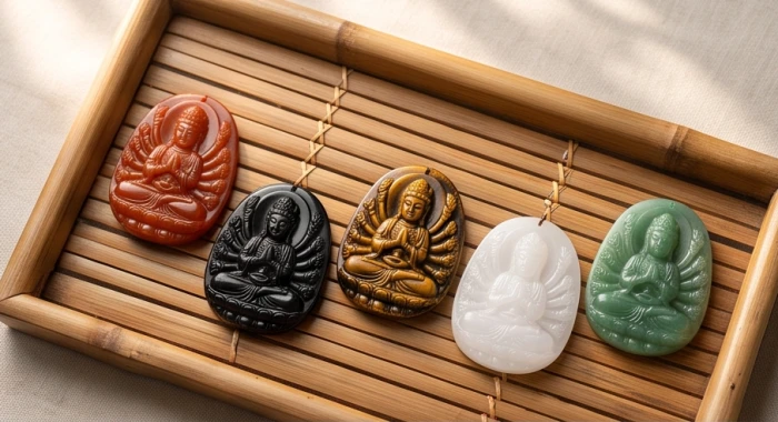 Bộ sưu tập mặt phật bản mệnh tuổi tý từ đá mã não đỏ, ngọc bích và đá mắt hổ hợp ngũ hành từng năm sinh