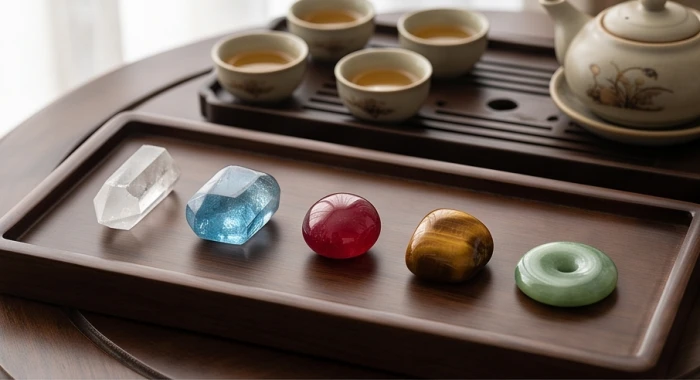 Năm mẫu đá tự nhiên thạch anh trắng aquamarine ruby mắt hổ và ngọc bích đại diện ngũ hành tuổi ngọ