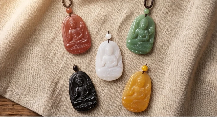 Bộ sưu tập mặt đá ngũ sắc tương sinh gồm thạch anh đỏ, cẩm thạch xanh và obsidian đen xếp theo ngũ hành