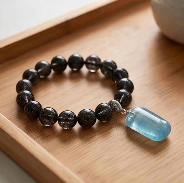 Vòng tay thạch anh tóc đen cùng mặt dây chuyền aquamarine tự nhiên bổ trợ khí cát khi sao la hầu chiếu mệnh