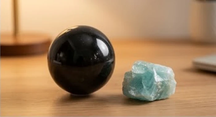 Quả cầu thạch anh đen và đá phong thủy màu xanh dương đặt trên bàn làm việc gỗ