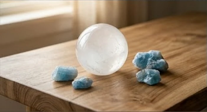 Quả cầu thạch anh trắng và tinh thể đá Aquamarine đặt trên mặt bàn làm việc bằng gỗ