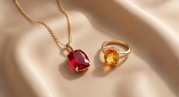 Mặt dây chuyền đá thạch anh vàng cùng nhẫn đá ruby đỏ lấp lánh hỗ trợ cân bằng năng lượng cho nữ mạng cung Khôn