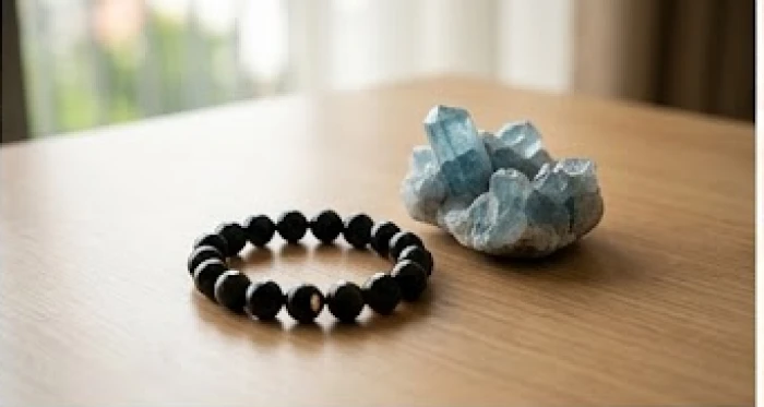 Vòng tay đá phong thủy Obsidian đen và Aquamarine xanh biển đặt trên bàn gỗ