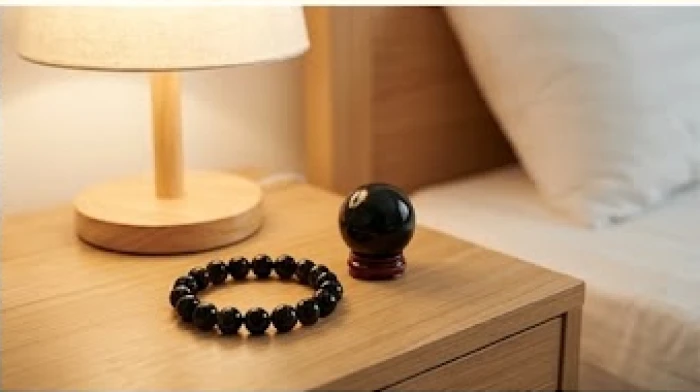 Vòng tay Thạch Anh Đen hạt tròn và quả cầu phong thủy nhỏ đặt trên tủ gỗ cạnh giường ngủ hỗ trợ an thần