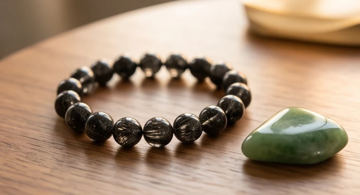Vòng tay đá thạch anh tóc đen và ngọc bích Nephrite giúp thanh tẩy trọc khí và thu hút may mắn