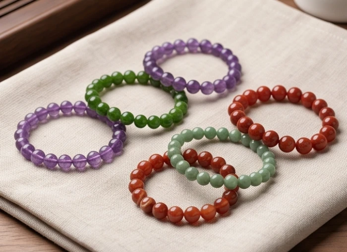 Bộ sưu tập vòng đá phong thủy nhiều màu sắc gồm thạch anh tím, diopside xanh và mã não đỏ đặt bên nhau