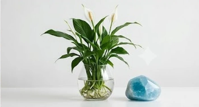 Cây lan ý xanh mướt trồng trong bình thủy tinh đặt cạnh viên đá Aquamarine phong thủy tĩnh lặng