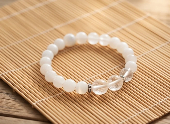 Vòng tay đá mặt trăng và thạch anh trắng đặt trên bàn gỗ mộc mạc