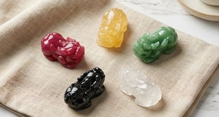 Bộ sưu tập mặt đá tỳ hưu phong thủy tuổi sửu với các màu xanh đỏ vàng đen trắng đại diện cho năm nạp âm ngũ hành