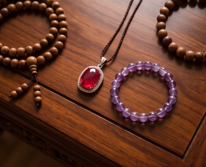 Mặt dây chuyền đá ruby đỏ tự nhiên và vòng thạch anh tím bổ trợ năng lượng bản mệnh cho tuổi kỷ sửu 1949