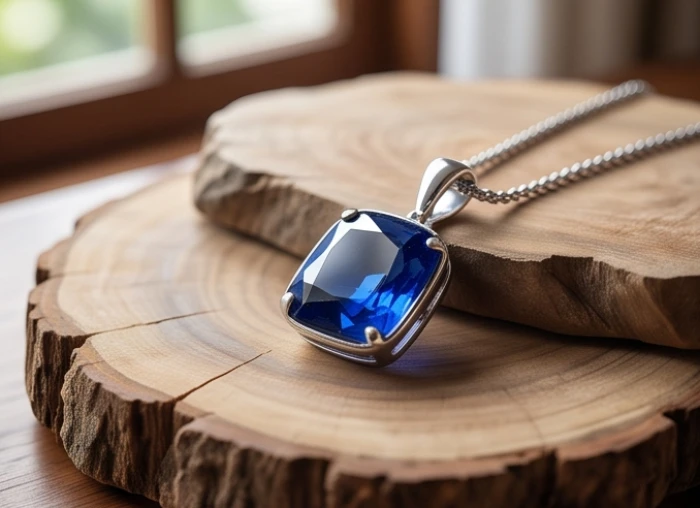 Mặt dây chuyền đá Sapphire xanh lam đặt trên phiến gỗ mộc giúp cân bằng năng lượng