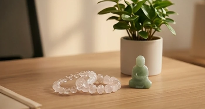 Vòng tay đá thạch anh tự nhiên và tượng tỳ hưu phong thủy đặt trang trọng trên bàn làm việc giúp định tâm
