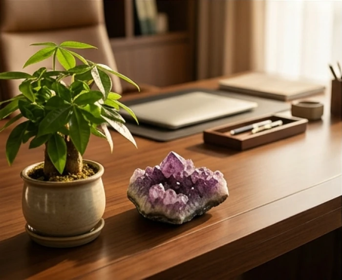 Khối đá thạch anh tím tự nhiên và chậu cây kim tiền chậu gốm đỏ bài trí hài hòa trên bàn làm việc nam giới Bính Dần