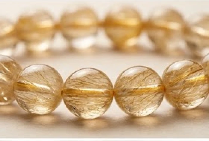 Chuỗi hạt thạch anh tóc vàng trong suốt với những sợi rutin lấp lánh bên trong