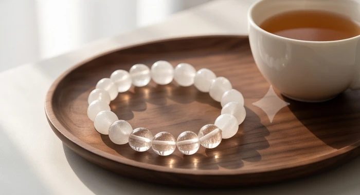 Vòng tay đá thạch anh trắng tinh khiết đặt cạnh khối đá phong thủy trên khay gỗ trang nhã
