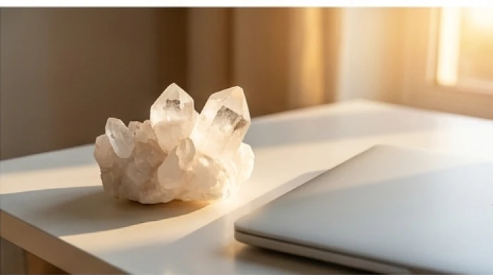 Khối đá thạch anh trắng tự nhiên được bài trí tinh tế ngay góc làm việc cạnh chiếc máy tính xách tay