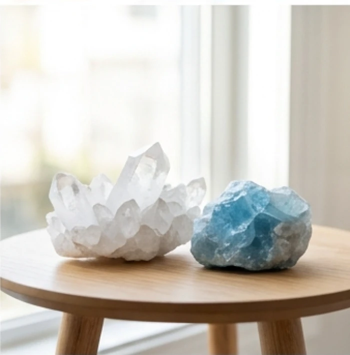 Khối đá thạch anh trắng trong suốt và đá ngọc xanh biển đặt trên bàn gỗ nhỏ cạnh cửa sổ nhiều ánh sáng