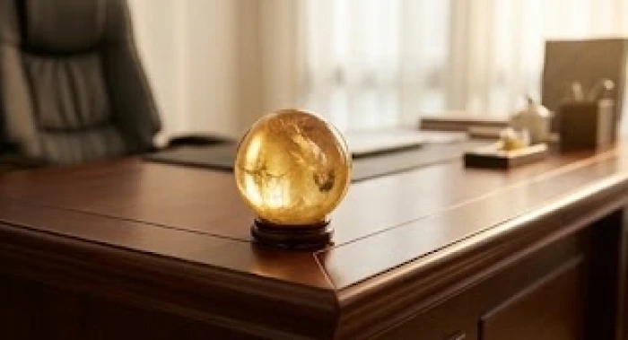 Quả cầu đá thạch anh vàng đặt tại góc bàn làm việc hướng Tây Bắc trợ lực mệnh Thổ