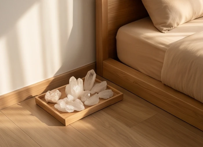 Hộp đá thạch anh tự nhiên đặt tinh tế dưới mép giường sát tường phía đầu nằm giúp ổn định trường khí trong phòng ngủ