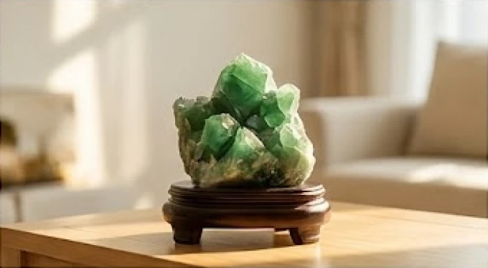 Khối đá Thạch Anh Xanh Lá tự nhiên được đặt trang trọng trên bệ gỗ ở góc phòng khách