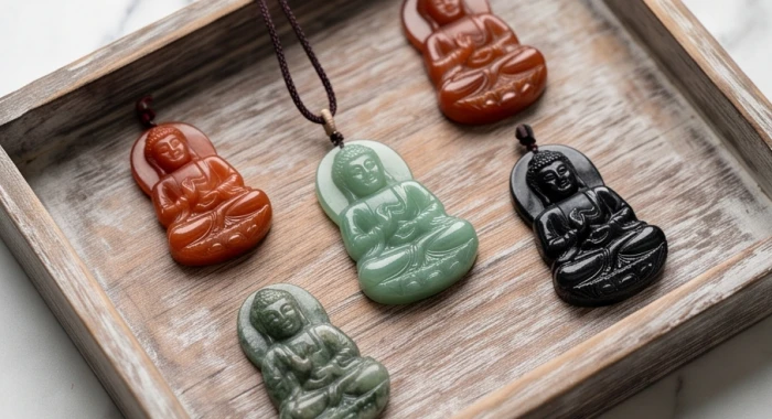Nhiều loại mặt Phật bản mệnh đa dạng màu sắc làm từ đá mã não, ngọc bích và thạch anh