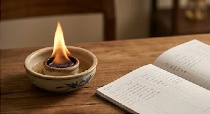 Một đốm lửa bùng cháy nhỏ trên đĩa gốm cổ đặt cạnh sổ ghi chép tài chính thể hiện sự bộc phát năng lượng