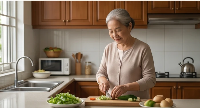 Người phụ nữ lớn tuổi đang ân cần chuẩn bị bữa ăn ấm cúng cho gia đình trong gian bếp truyền thống