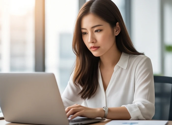 Một nữ nhân viên văn phòng tuổi Thân đang tập trung cao độ để phân tích dữ liệu trên màn hình máy tính