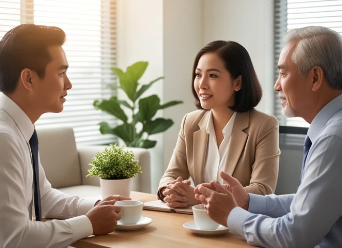Buổi thảo luận thẳng thắn và cởi mở giữa ba đối tác kinh doanh trong không gian làm việc hiện đại