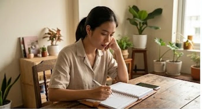 Người vợ tuổi Tỵ đang ngồi xem lịch trình của chồng với ánh mắt suy tư trong không gian tĩnh lặng