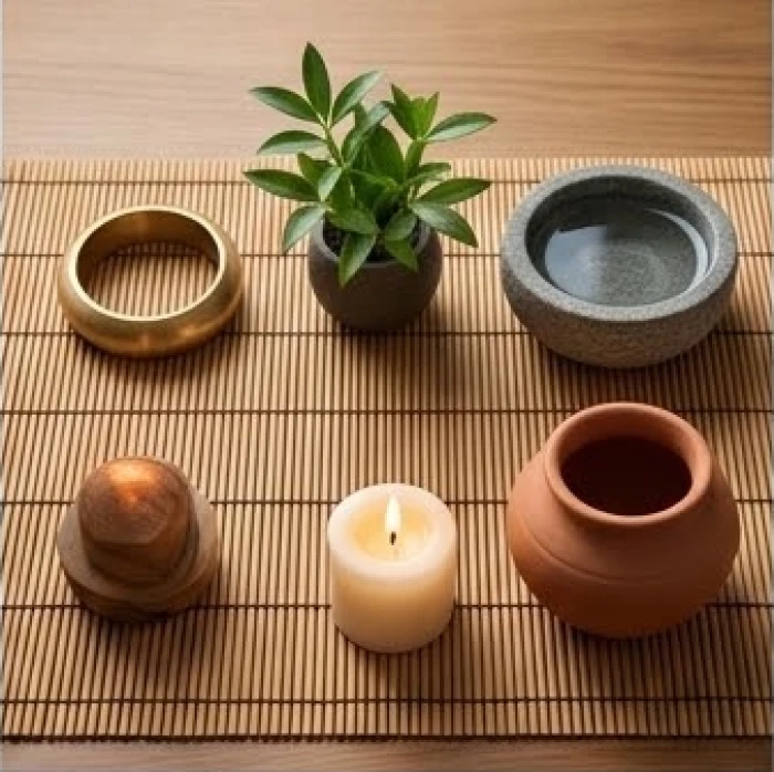 Bộ sưu tập năm vật phẩm đại diện cho đặc tính của ngũ hành gồm vòng kim loại, chậu cây nhỏ, khay nước, nến thơm và bình gốm
