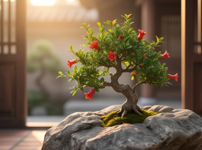 Cây lựu kiểng bonsai bám rễ trên đá tảng tượng trưng cho sức sống mãnh liệt của nạp âm Thạch Lựu Mộc