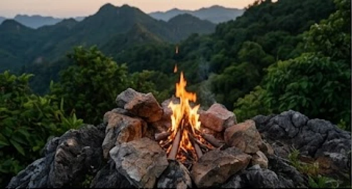 Ngọn lửa nhỏ cháy âm ỉ trên đỉnh núi giữa thiên nhiên hùng vĩ thể hiện đặc trưng của nạp âm Sơn Đầu Hỏa