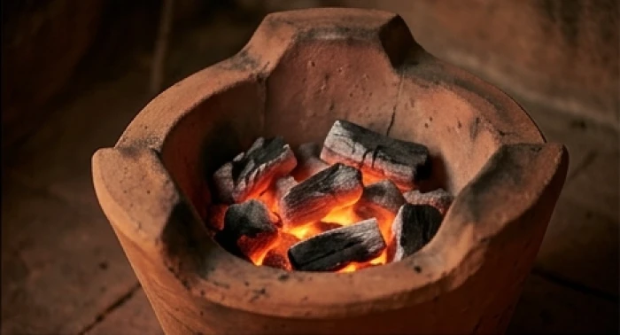 Bếp lò than hoa hồng rực rỡ thể hiện hình ảnh ngọn lửa âm ỉ bền bỉ của nạp âm lư trung hỏa