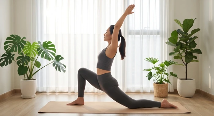 Phụ nữ tuổi Quý Dậu tập yoga nhẹ nhàng tại nhà để giữ gìn sức khỏe xương khớp và thư giãn tinh thần